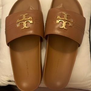 Tory Burch Everly Anatomic Cloud Leather Brass Logo Slides Sandals
